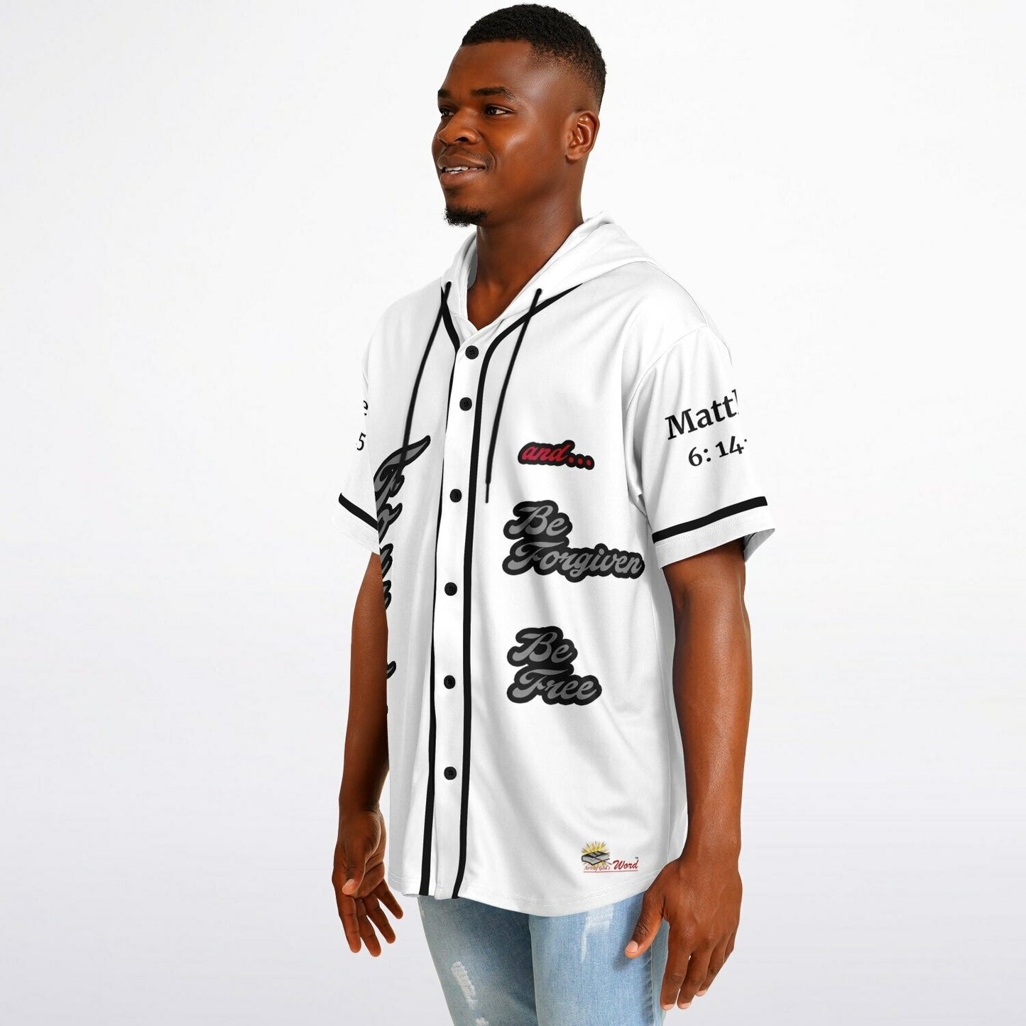 FORGIVE White - Unisex Hooded Baseball Jersey, Black Stripes