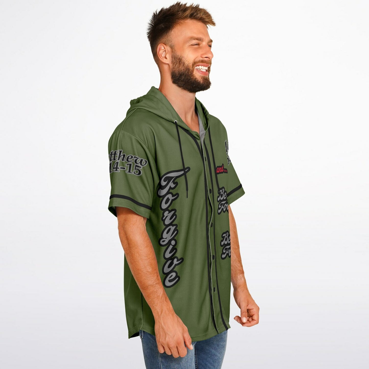 FORGIVE Army Green - Unisex Hooded Baseball Jersey, Black Stripes  copy