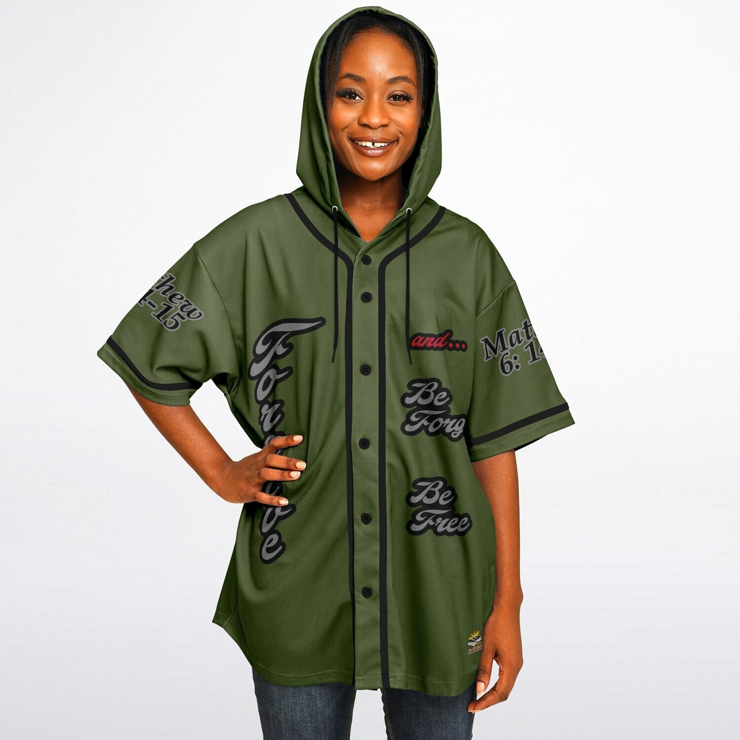 FORGIVE Army Green - Unisex Hooded Baseball Jersey, Black Stripes  copy