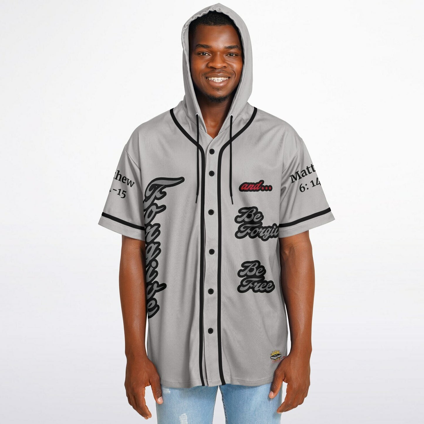 FORGIVE Grey - Unisex Hooded Baseball Jersey, Black Stripes