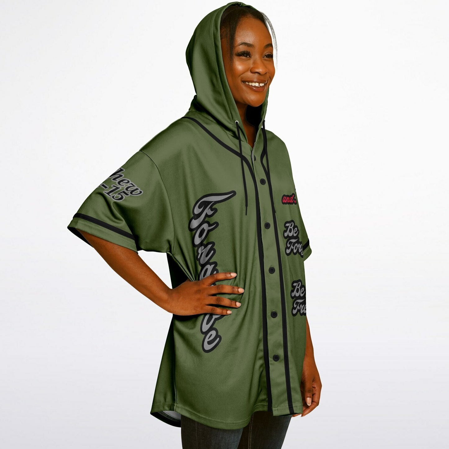 FORGIVE Army Green - Unisex Hooded Baseball Jersey, Black Stripes  copy