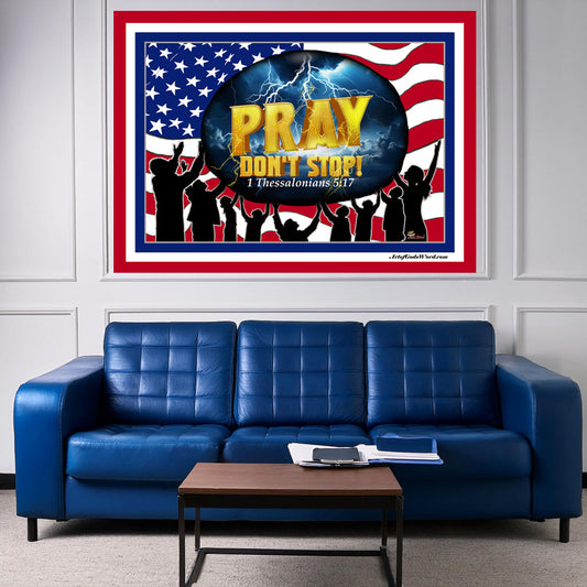 LARGE Wall Art 60x50 - PRAY Don't Stop Fleece Wall Art - Red, White, Blue Border