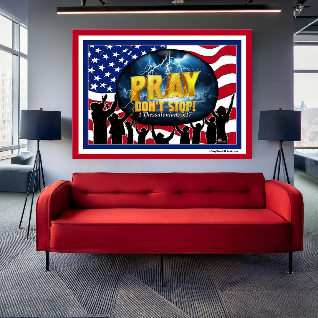 LARGE Wall Art 60x50 - PRAY Don't Stop Fleece Wall Art - Red, White, Blue Border