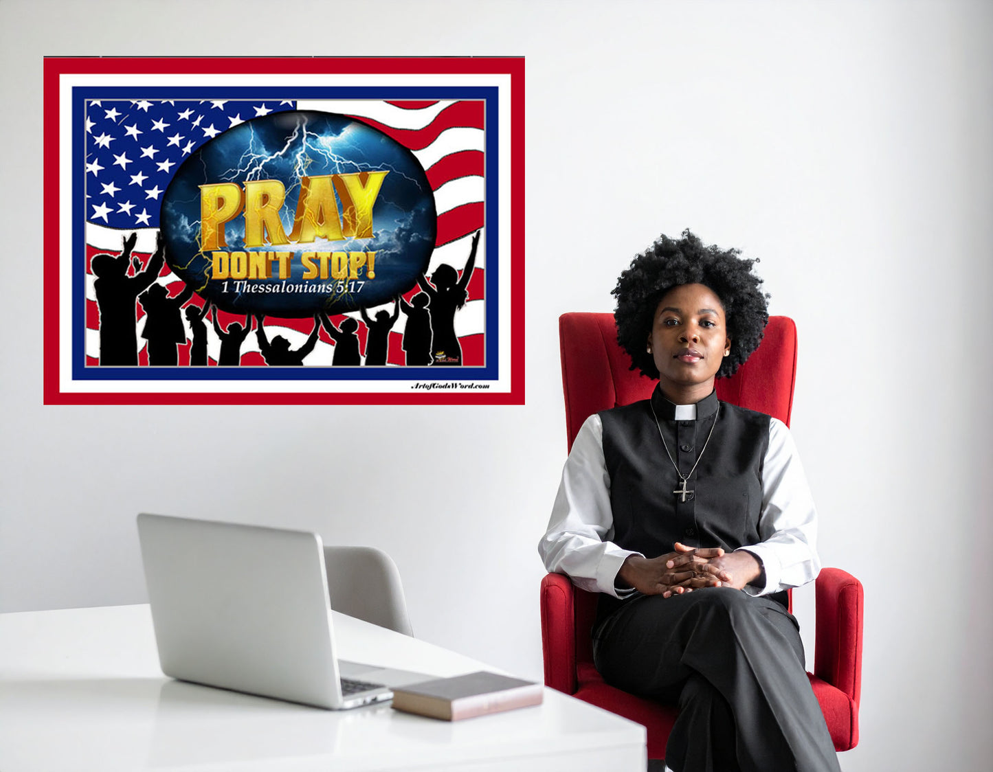 MEDIUM Wall Art 40x30 - PRAY Don't Stop Fleece Wall Art - Red, White, Blue Border