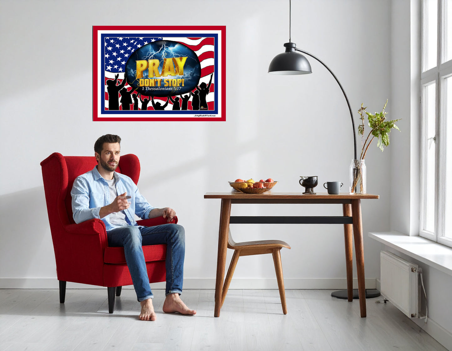 MEDIUM Wall Art 40x30 - PRAY Don't Stop Fleece Wall Art - Red, White, Blue Border