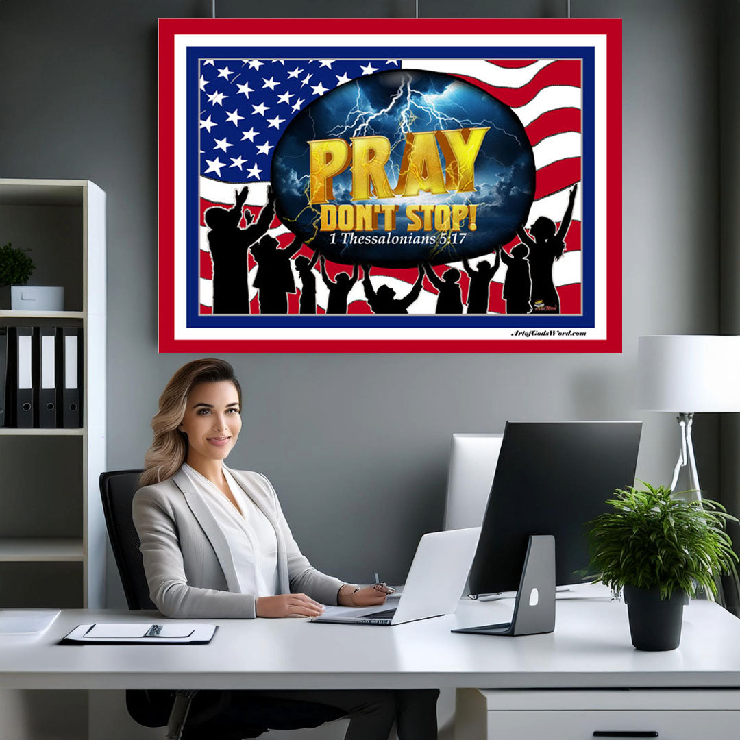 MEDIUM Wall Art 40x30 - PRAY Don't Stop Fleece Wall Art - Red, White, Blue Border