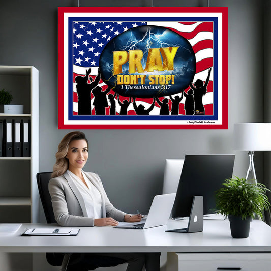 MEDIUM Wall Art 40x30 - PRAY Don't Stop Fleece Wall Art - Red, White, Blue Border