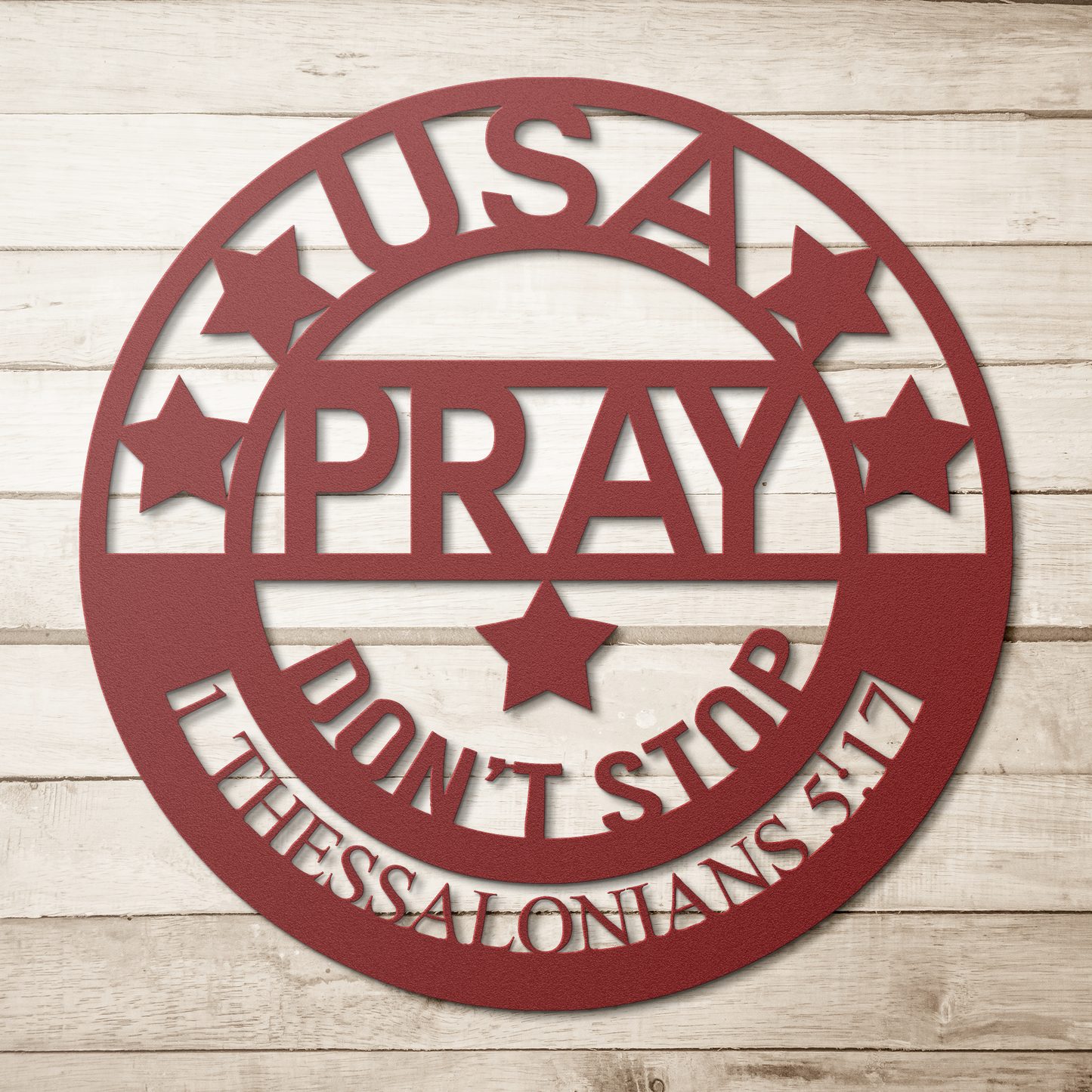 Pray_-_Dont_Stop_Metal_Sign_Red_Simple_Wood_BKGD_Mockup.png