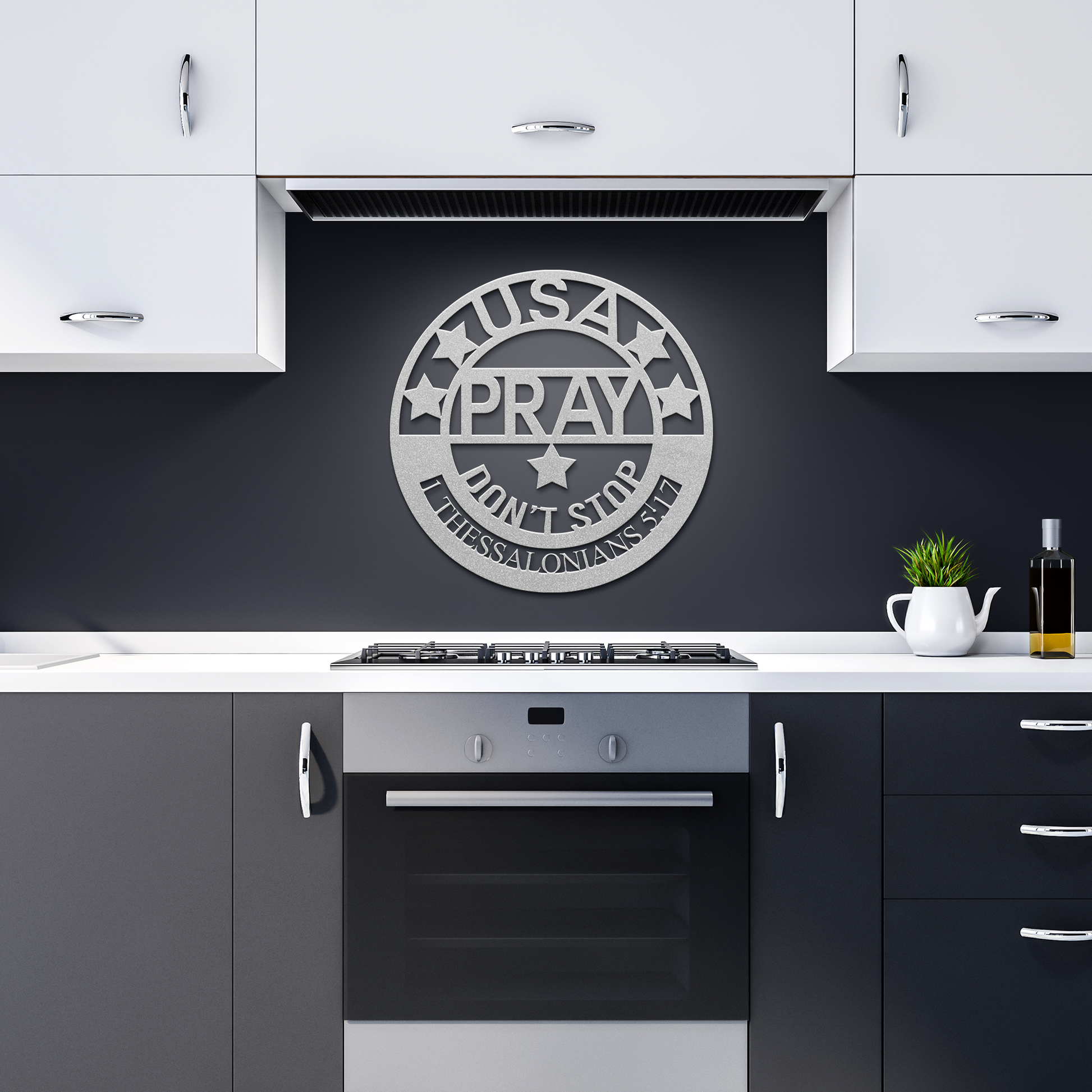 Pray_-_Dont_Stop_Metal_Sign_Silver_Dark_Kitchen_Mockup.png