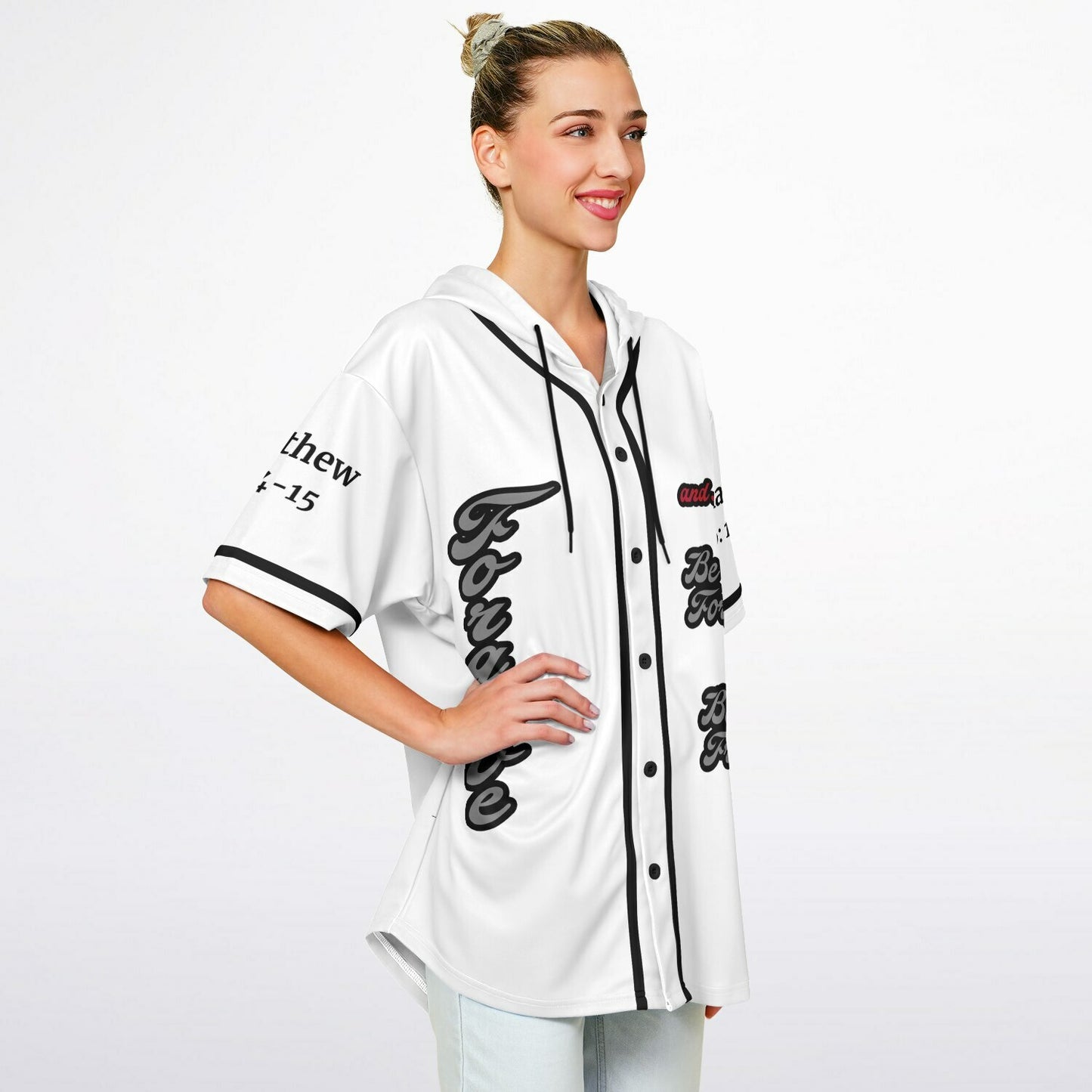 FORGIVE White - Unisex Hooded Baseball Jersey, Black Stripes