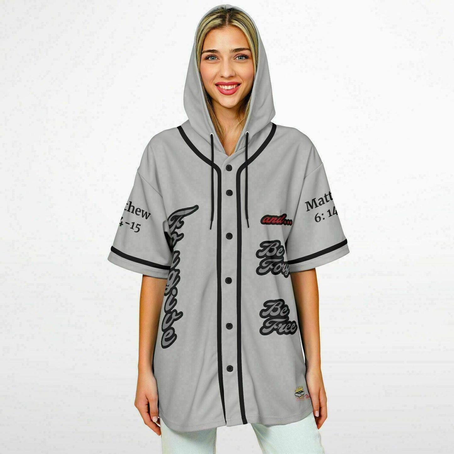 FORGIVE Grey - Unisex Hooded Baseball Jersey, Black Stripes