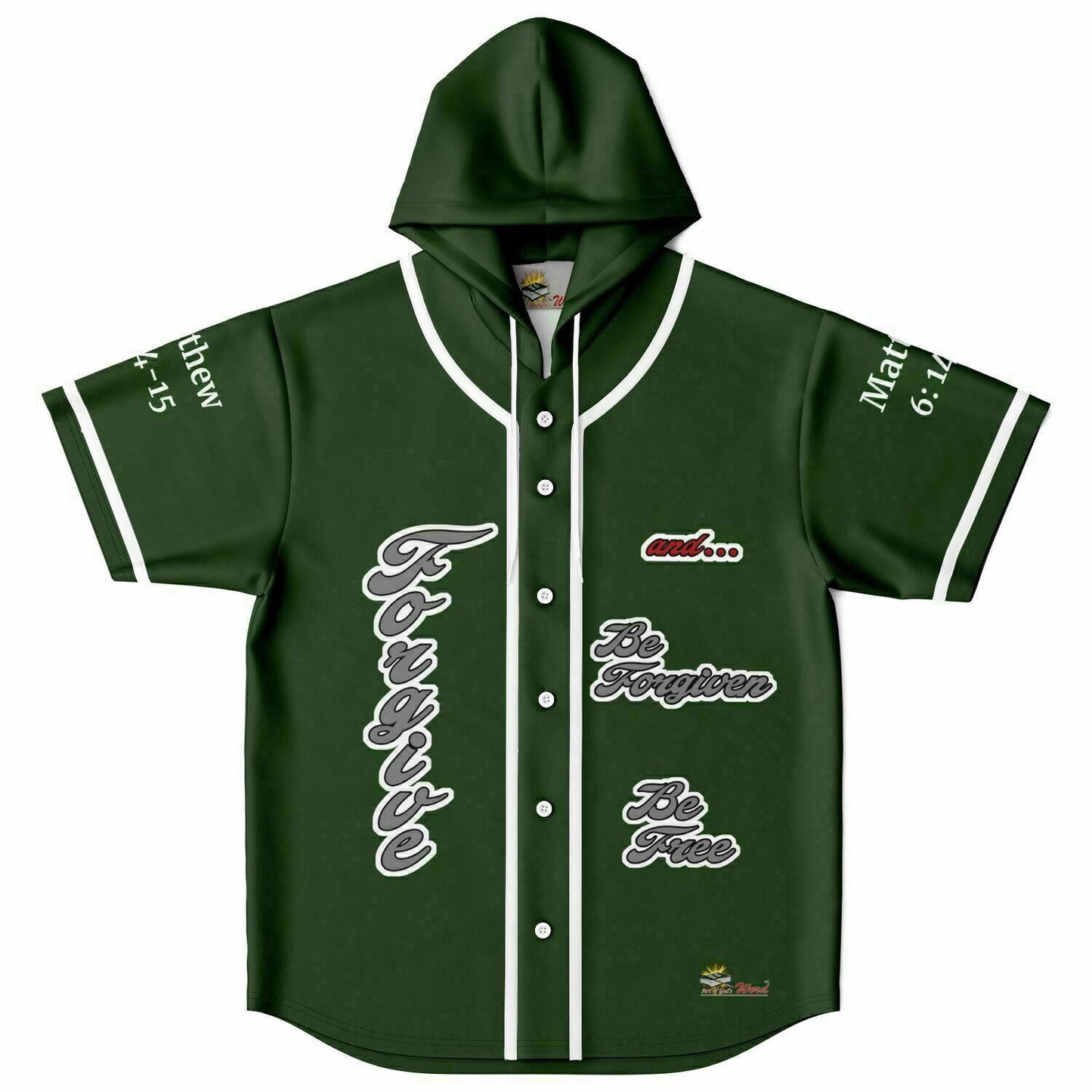 FORGIVE Green - Unisex Hooded Baseball Jersey, White Stripes