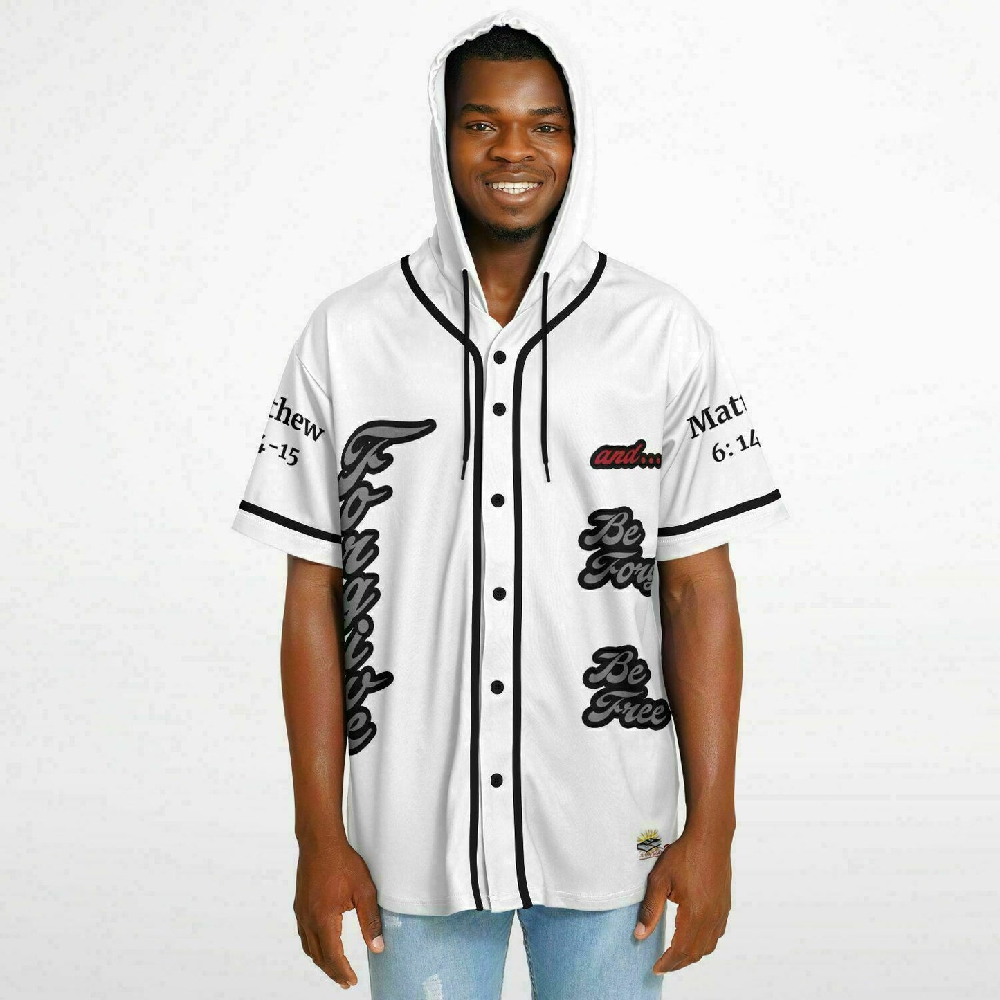 FORGIVE White - Unisex Hooded Baseball Jersey, Black Stripes