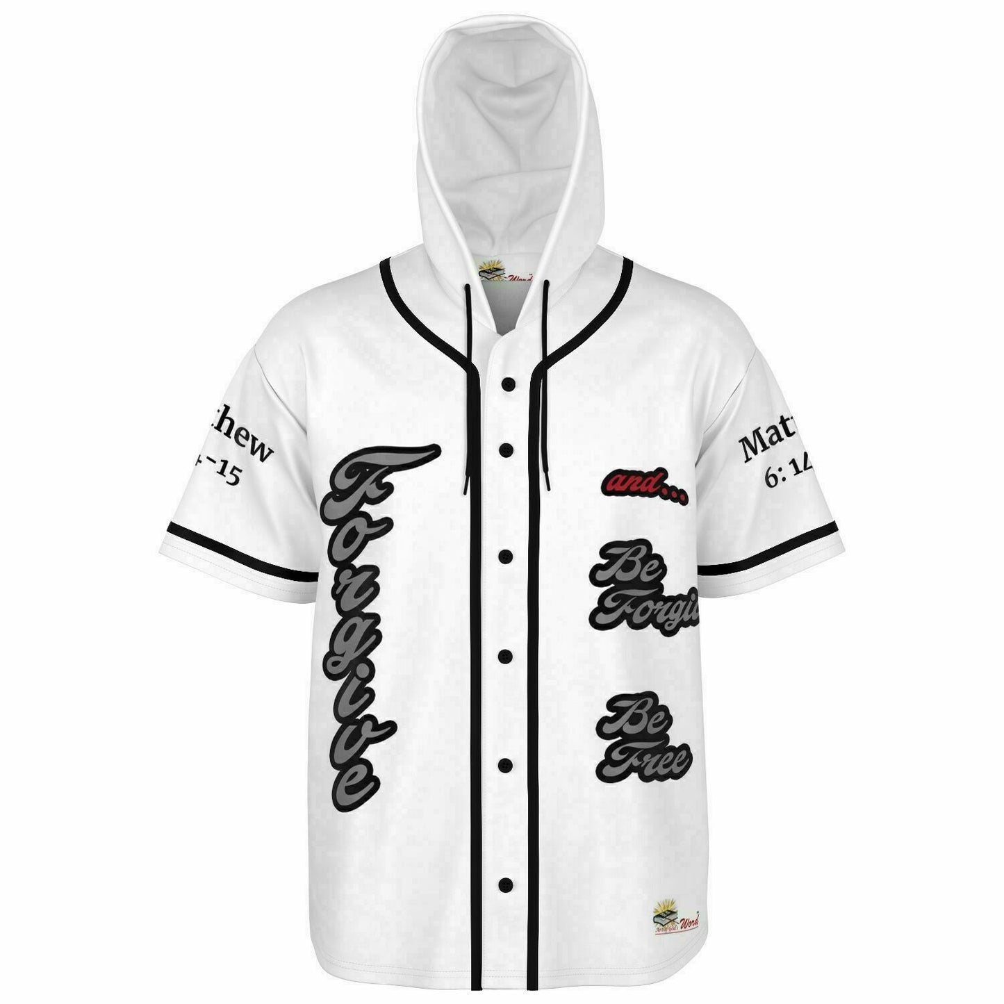 FORGIVE White - Unisex Hooded Baseball Jersey, Black Stripes