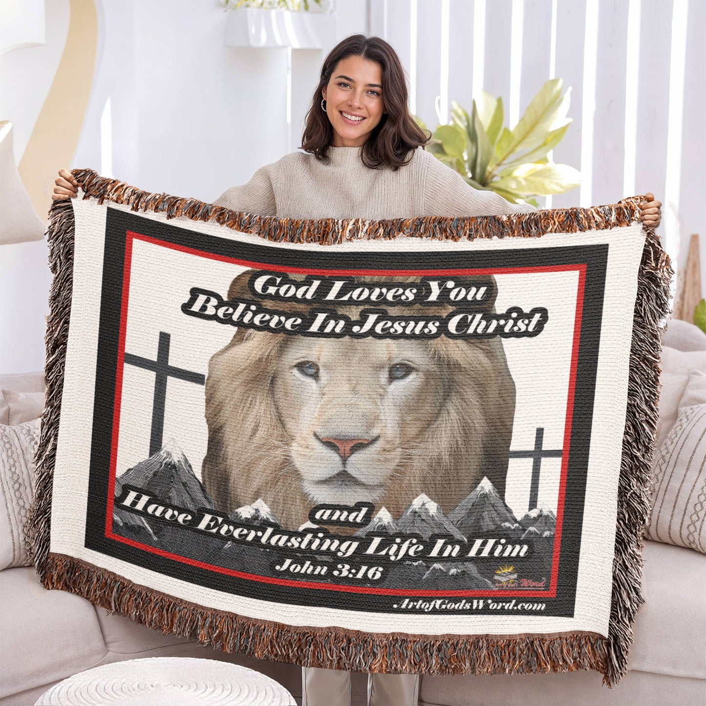 WOVEN TAPESTRY 52x37 - God Loves You, Woven Tapestry Red, Black, White Border