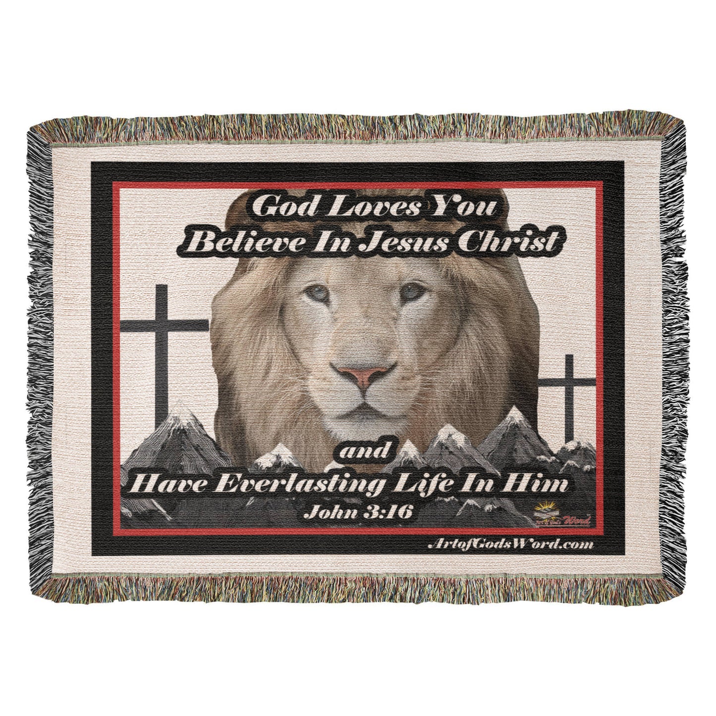 WOVEN TAPESTRY 52x37 - God Loves You, Woven Tapestry Red, Black, White Border