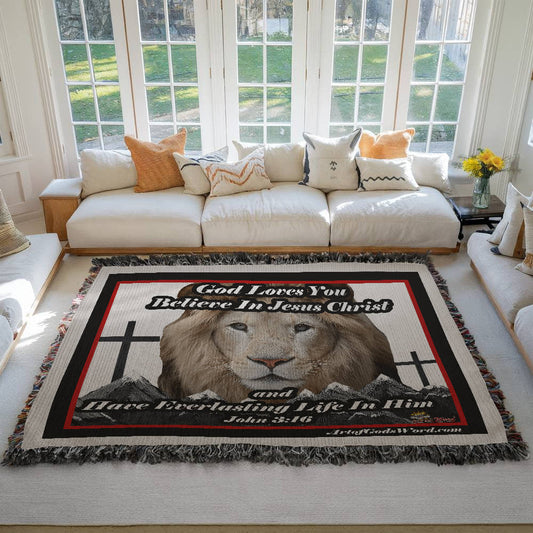 WOVEN TAPESTRY 80x60 - God Loves You, Woven Tapestry Red, Black, White Border