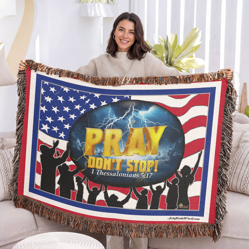 WOVEN TAPESTRY 80x60 - PRAY Don't Stop, Woven Tapestry Red, White, Blue Border