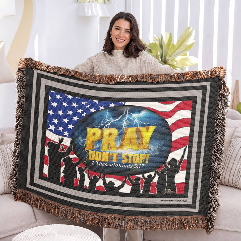 WOVEN TAPESTRY 80x60 - PRAY Don't Stop, Woven Tapestry Black, Grey Border
