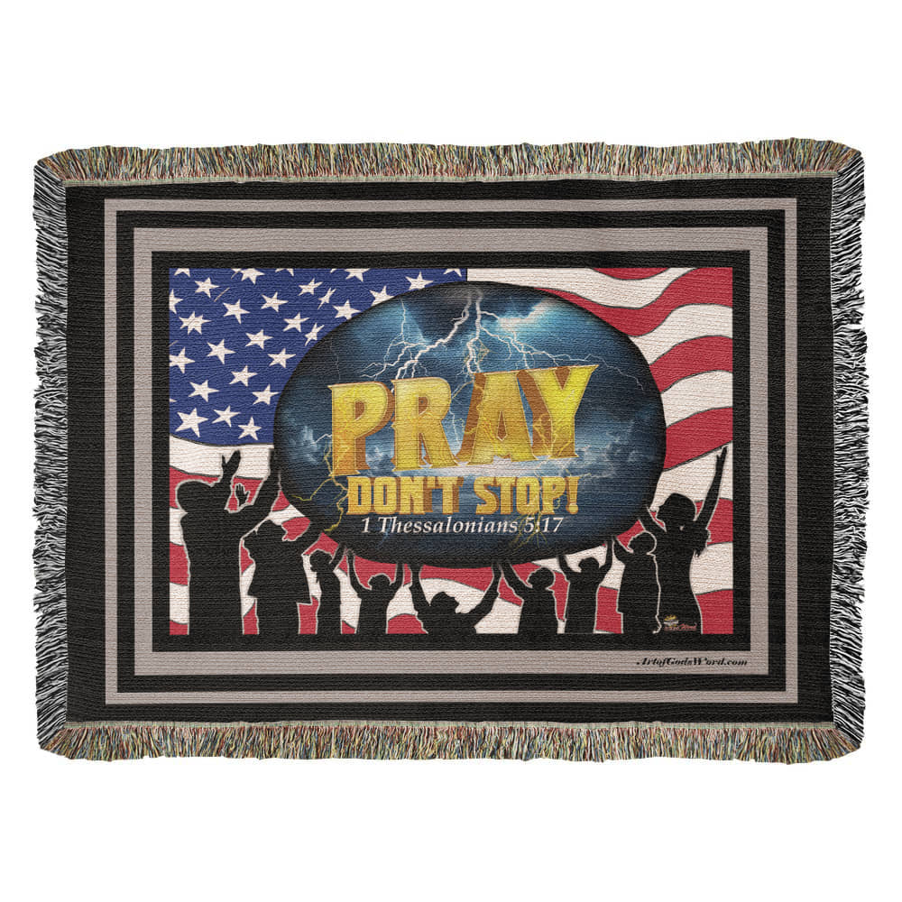 WOVEN TAPESTRY 80x60 - PRAY Don't Stop, Woven Tapestry Black, Grey Border