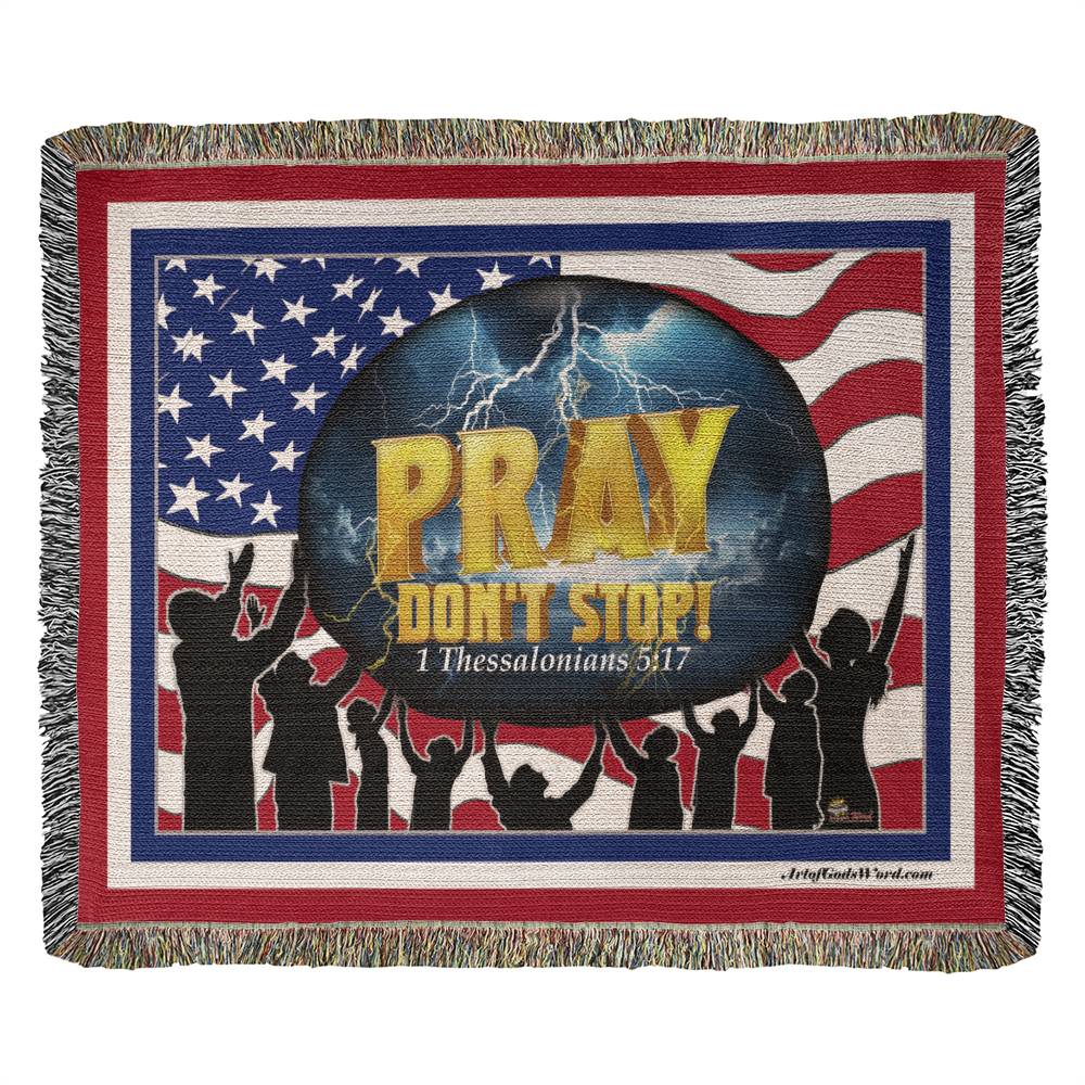 WOVEN TAPESTRY 80x60 - PRAY Don't Stop, Woven Tapestry Red, White, Blue Border