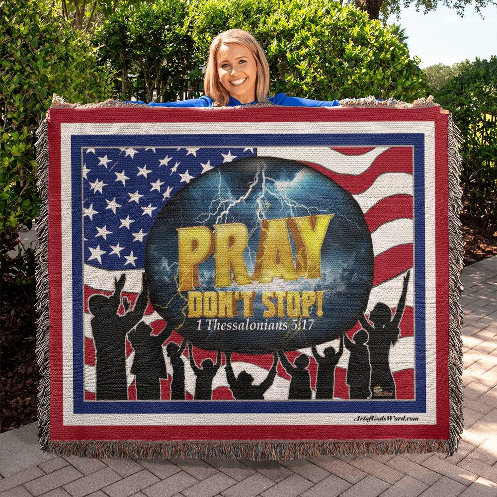 WOVEN TAPESTRY 80x60 - PRAY Don't Stop, Woven Tapestry Red, White, Blue Border