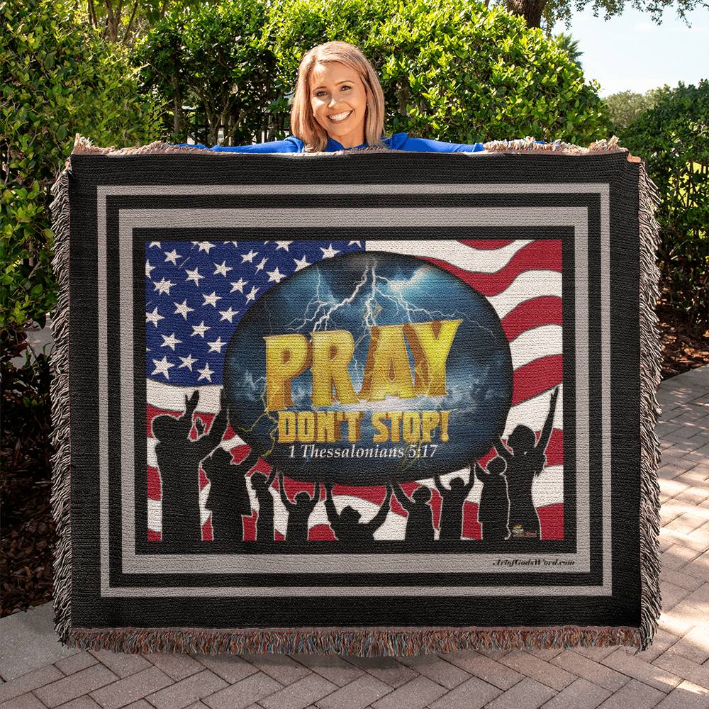 WOVEN TAPESTRY 80x60 - PRAY Don't Stop, Woven Tapestry Black, Grey Border
