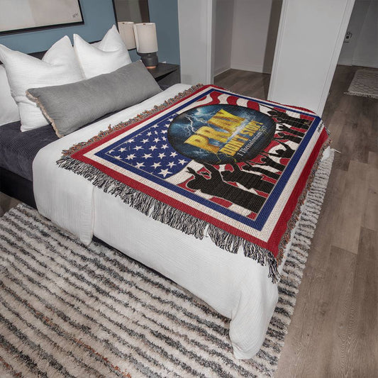 WOVEN TAPESTRY 80x60 - PRAY Don't Stop, Woven Tapestry Red, White, Blue Border