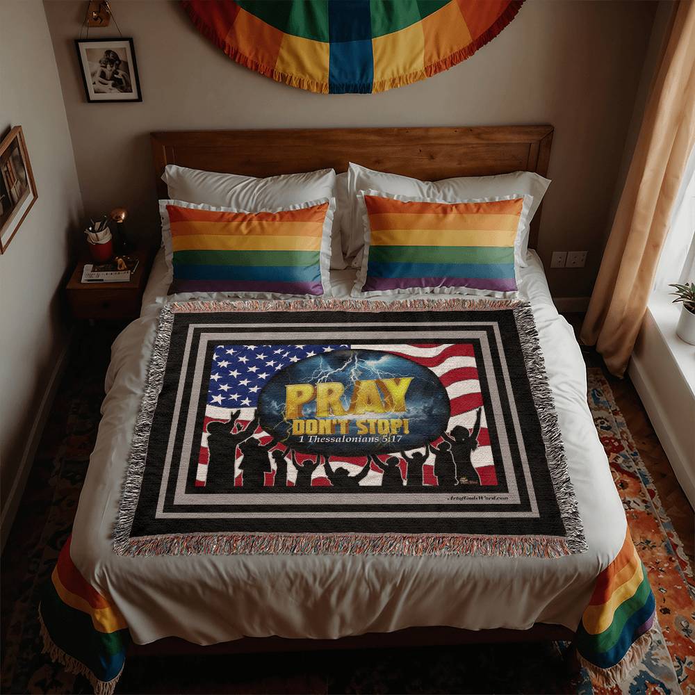 WOVEN TAPESTRY 80x60 - PRAY Don't Stop, Woven Tapestry Black, Grey Border