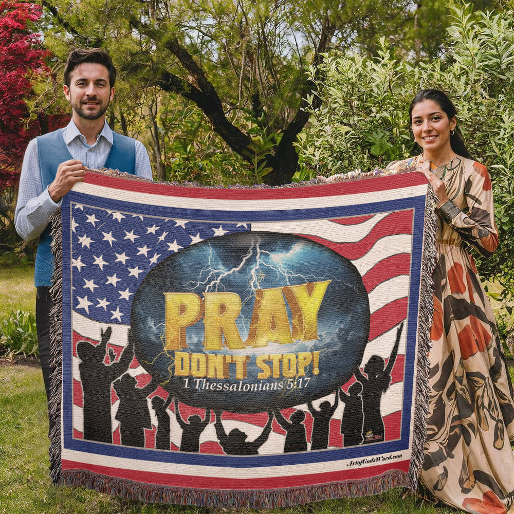 WOVEN TAPESTRY 80x60 - PRAY Don't Stop, Woven Tapestry Red, White, Blue Border