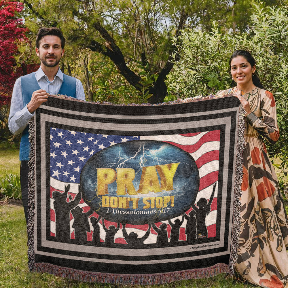 WOVEN TAPESTRY 80x60 - PRAY Don't Stop, Woven Tapestry Black, Grey Border