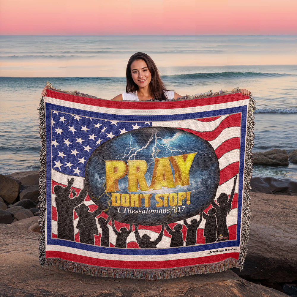 WOVEN TAPESTRY 80x60 - PRAY Don't Stop, Woven Tapestry Red, White, Blue Border