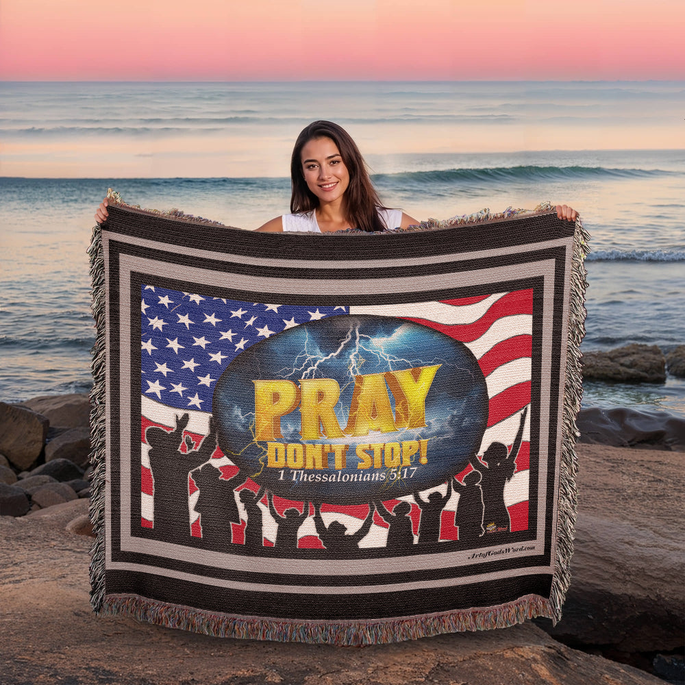 WOVEN TAPESTRY 80x60 - PRAY Don't Stop, Woven Tapestry Black, Grey Border