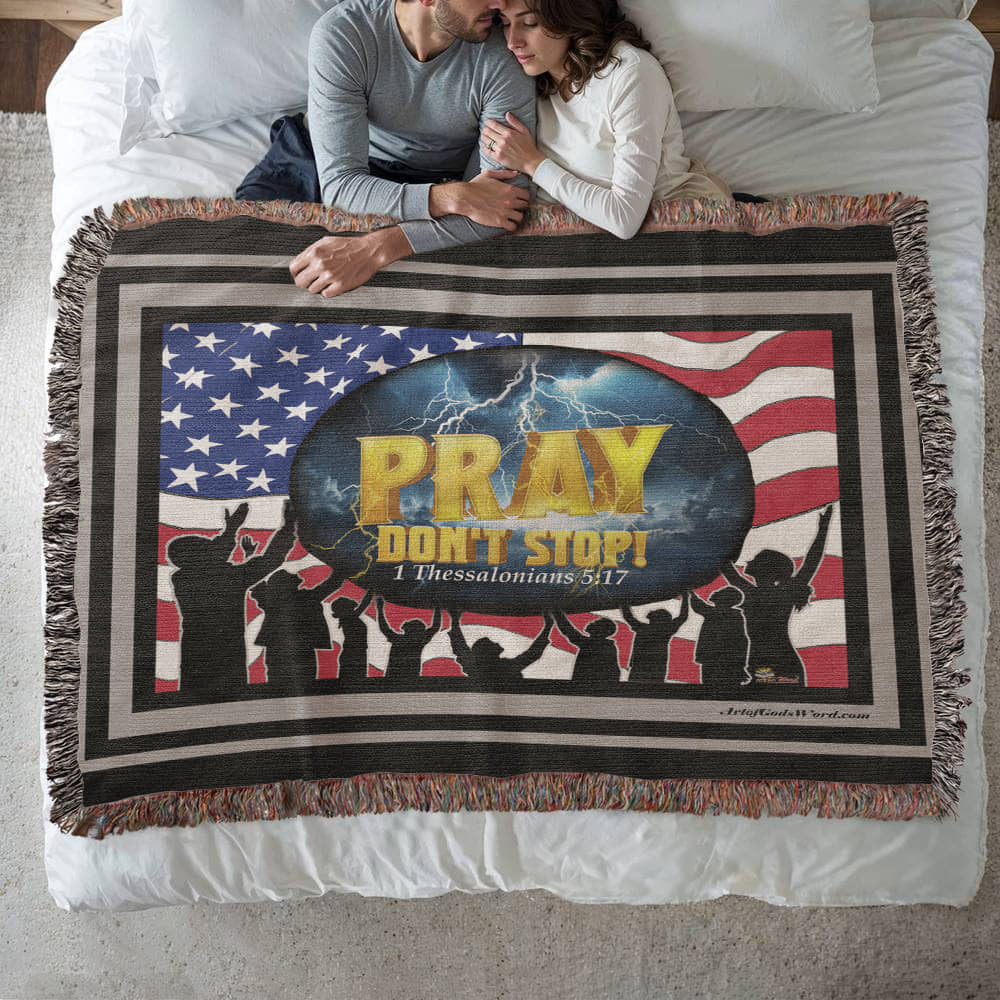 WOVEN TAPESTRY 80x60 - PRAY Don't Stop, Woven Tapestry Black, Grey Border