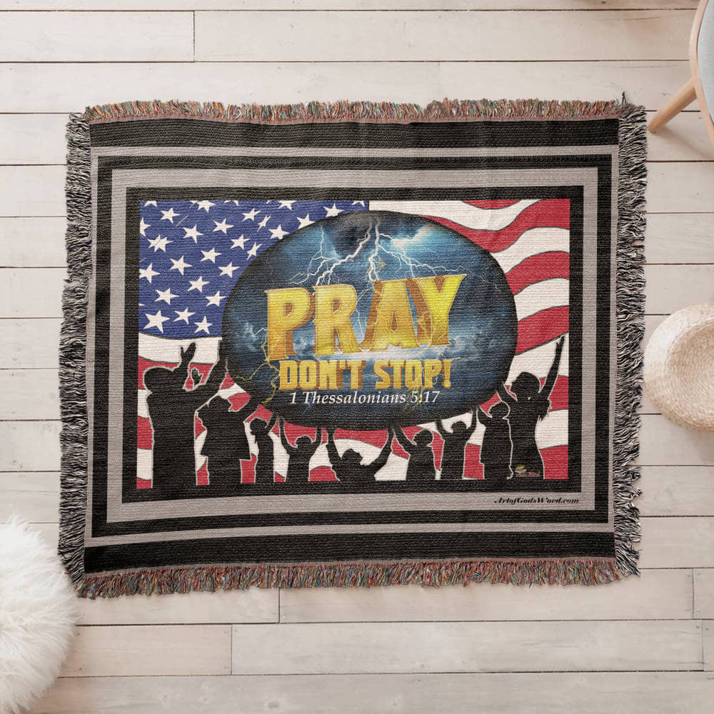 WOVEN TAPESTRY 80x60 - PRAY Don't Stop, Woven Tapestry Black, Grey Border
