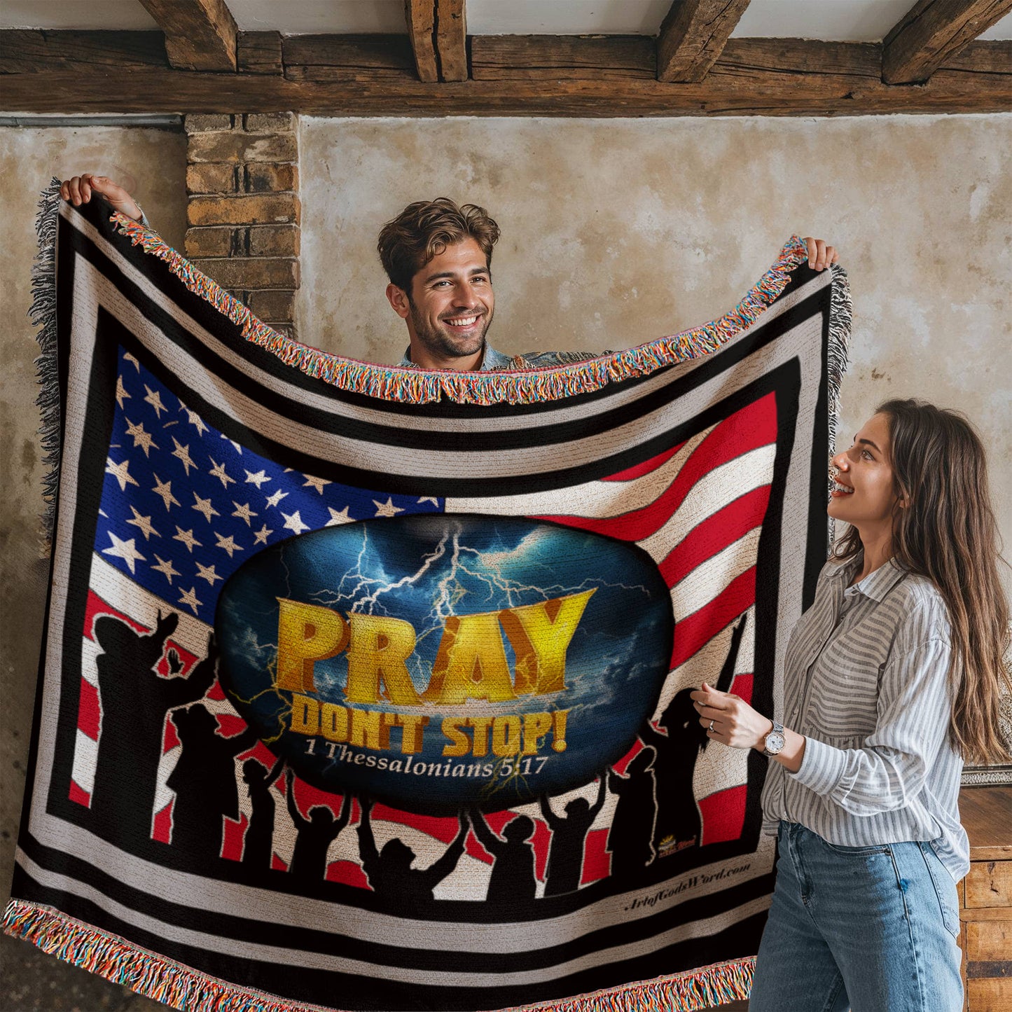 WOVEN TAPESTRY 80x60 - PRAY Don't Stop, Woven Tapestry Black, Grey Border