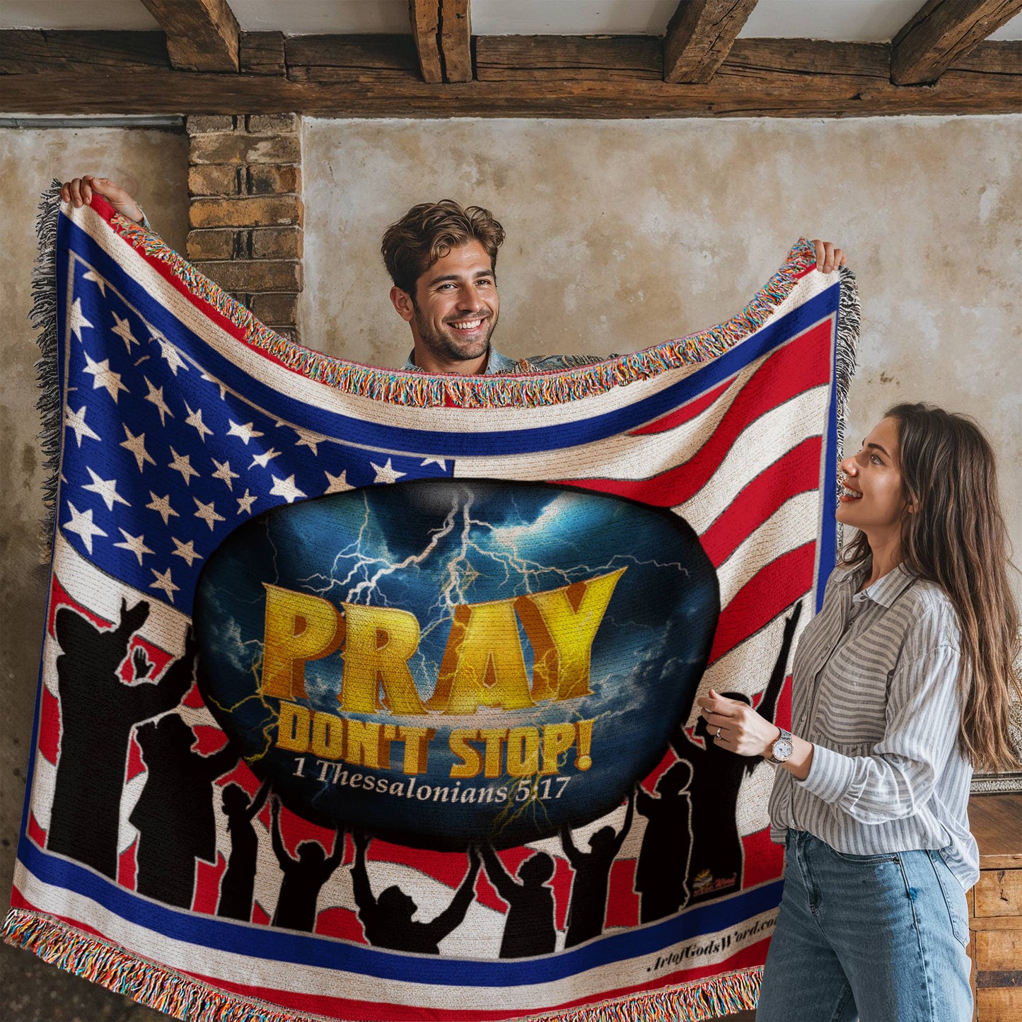 WOVEN TAPESTRY 80x60 - PRAY Don't Stop, Woven Tapestry Red, White, Blue Border