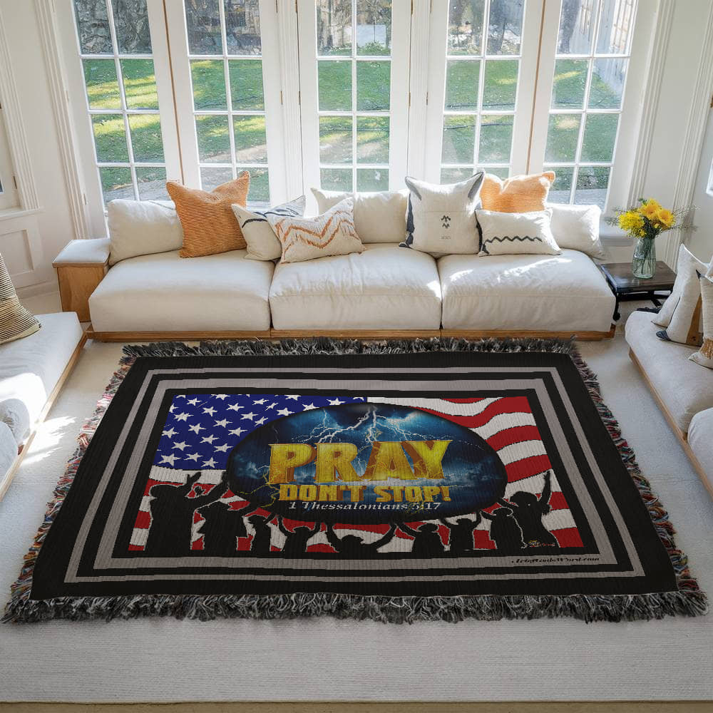 WOVEN TAPESTRY 80x60 - PRAY Don't Stop, Woven Tapestry Black, Grey Border