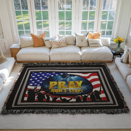WOVEN TAPESTRY 80x60 - PRAY Don't Stop, Woven Tapestry Black, Grey Border