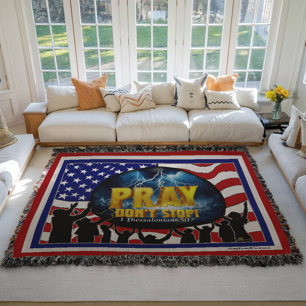 WOVEN TAPESTRY 80x60 - PRAY Don't Stop, Woven Tapestry Red, White, Blue Border
