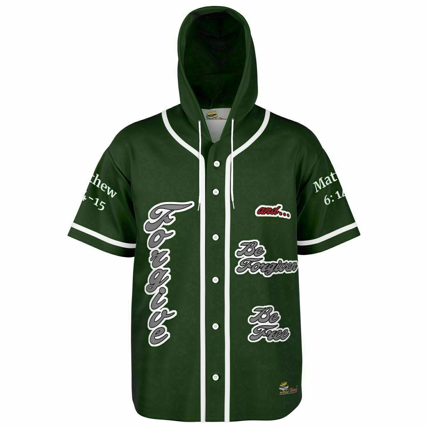 FORGIVE Forest Green - Unisex Hooded Baseball Jersey, White Stripes