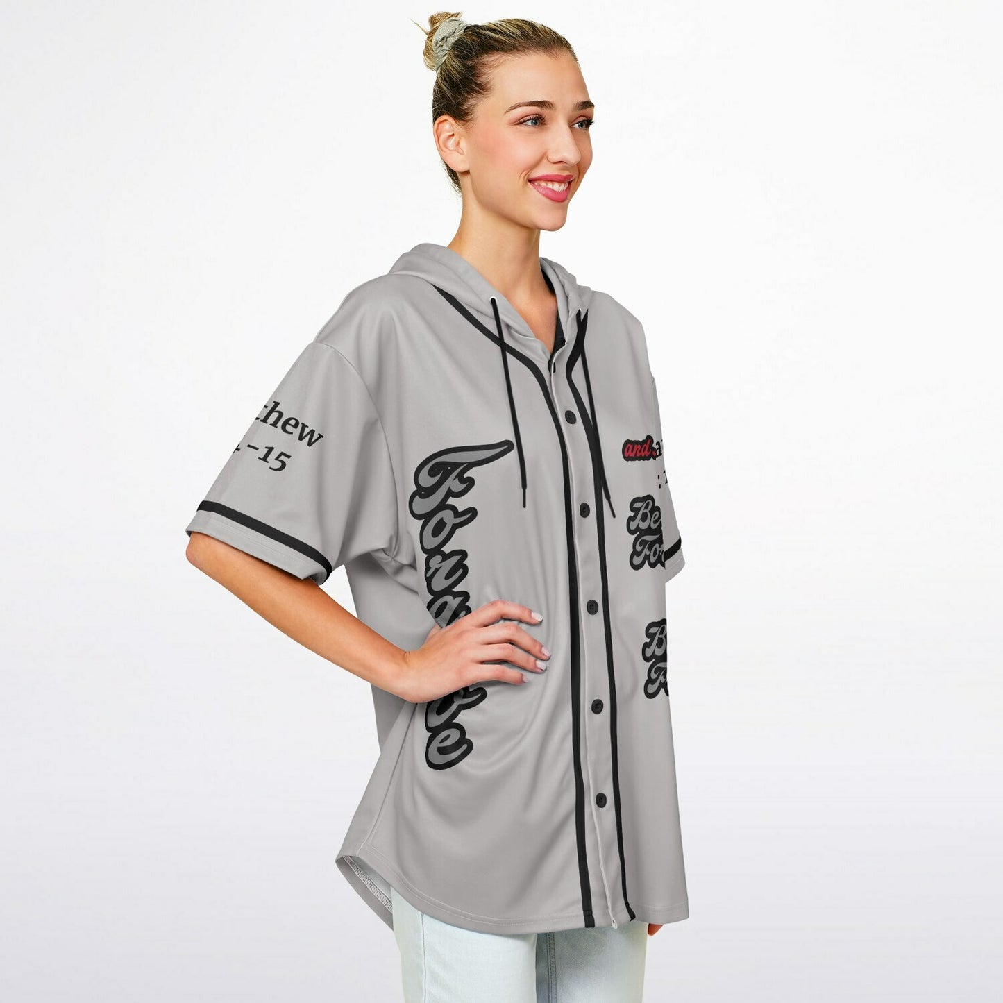 FORGIVE Grey - Unisex Hooded Baseball Jersey, Black Stripes