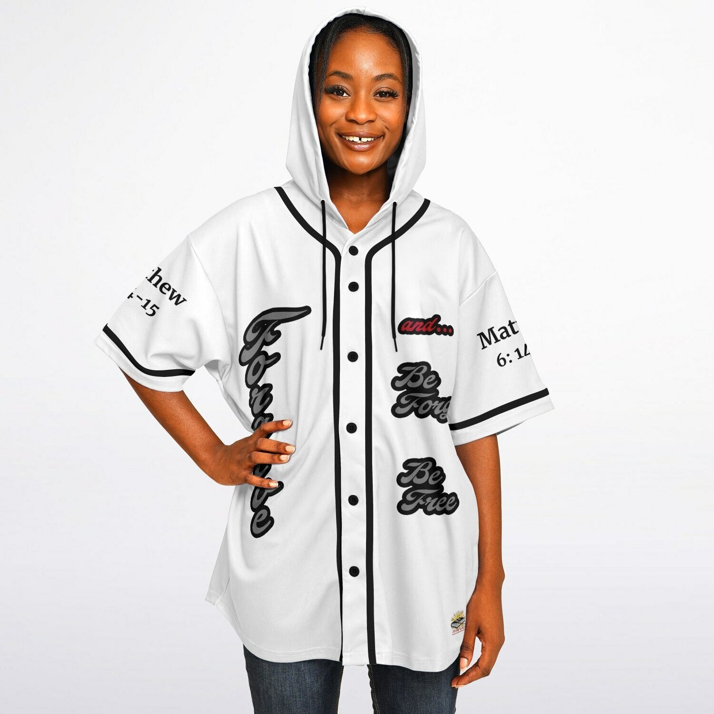 FORGIVE White - Unisex Hooded Baseball Jersey, Black Stripes