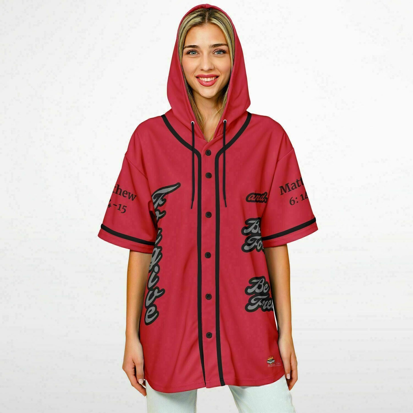 FORGIVE Red - Unisex Hooded Baseball Jersey, Black Stripes