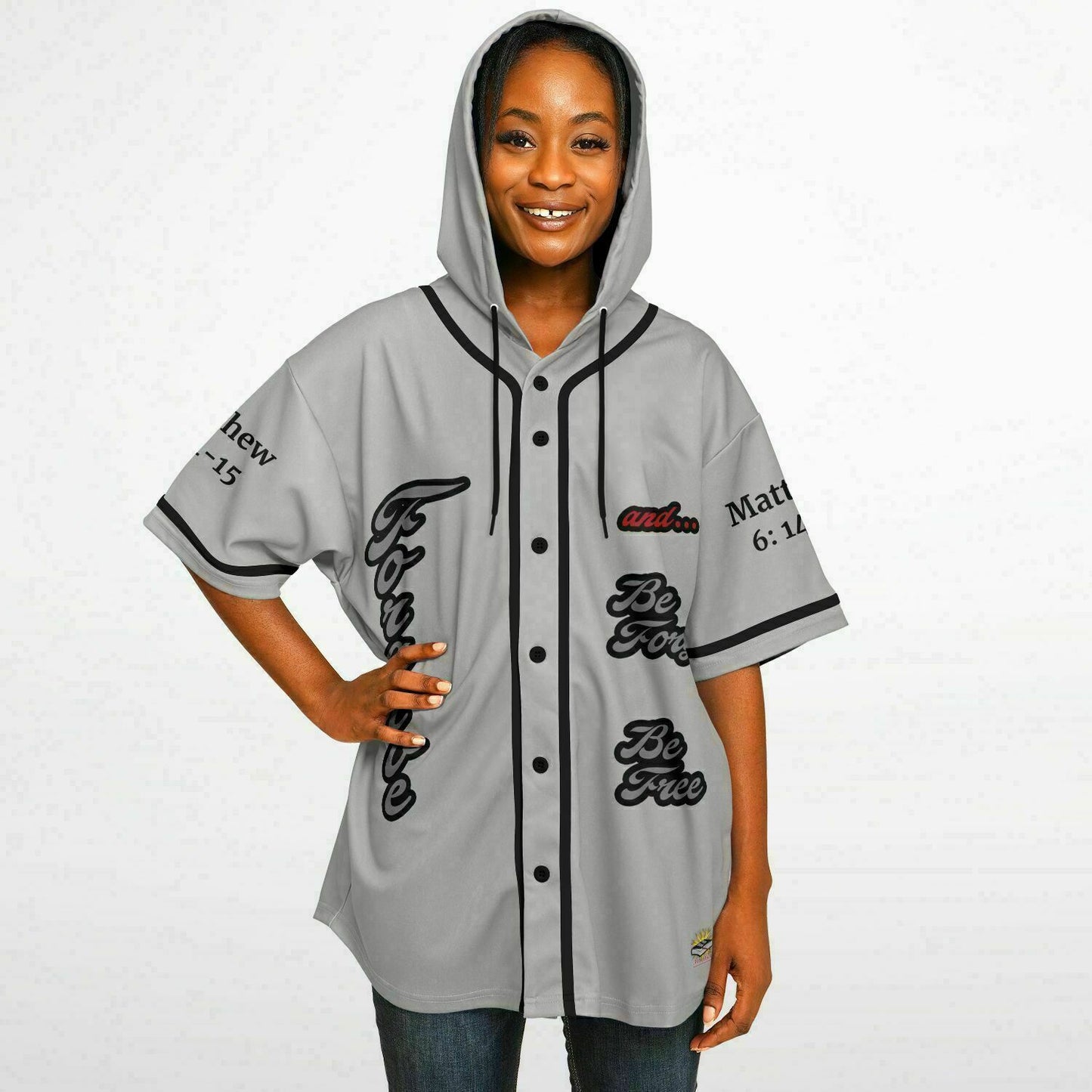 FORGIVE Grey - Unisex Hooded Baseball Jersey, Black Stripes