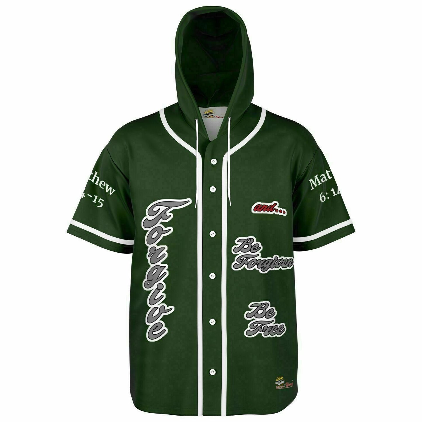 FORGIVE Green - Unisex Hooded Baseball Jersey, White Stripes