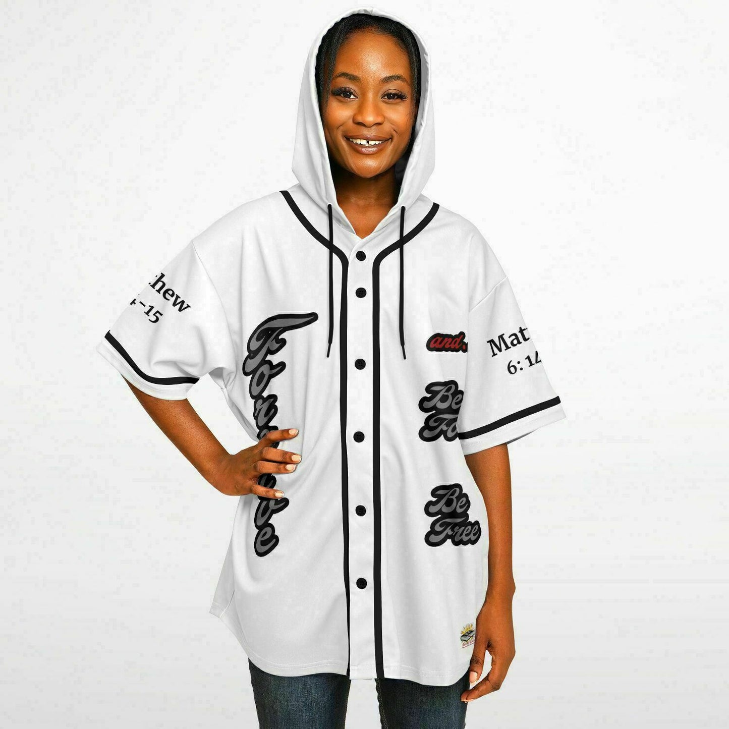 FORGIVE White - Unisex Hooded Baseball Jersey, Black Stripes