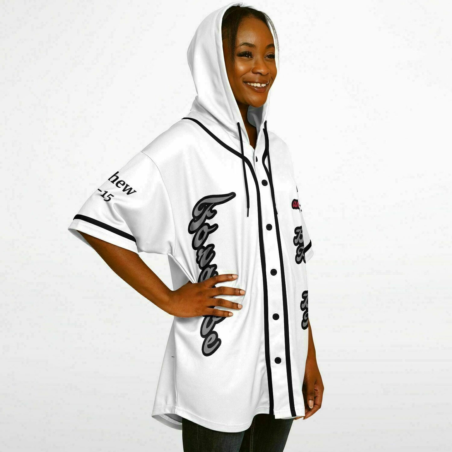 FORGIVE White - Unisex Hooded Baseball Jersey, Black Stripes