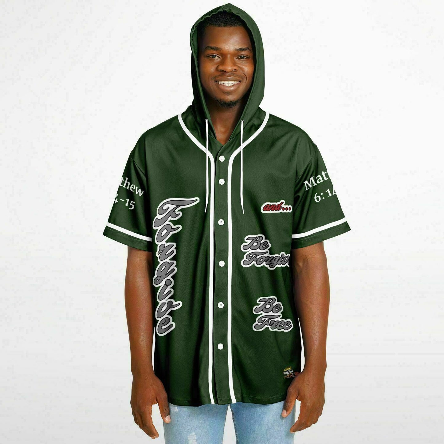FORGIVE Forest Green - Unisex Hooded Baseball Jersey, White Stripes