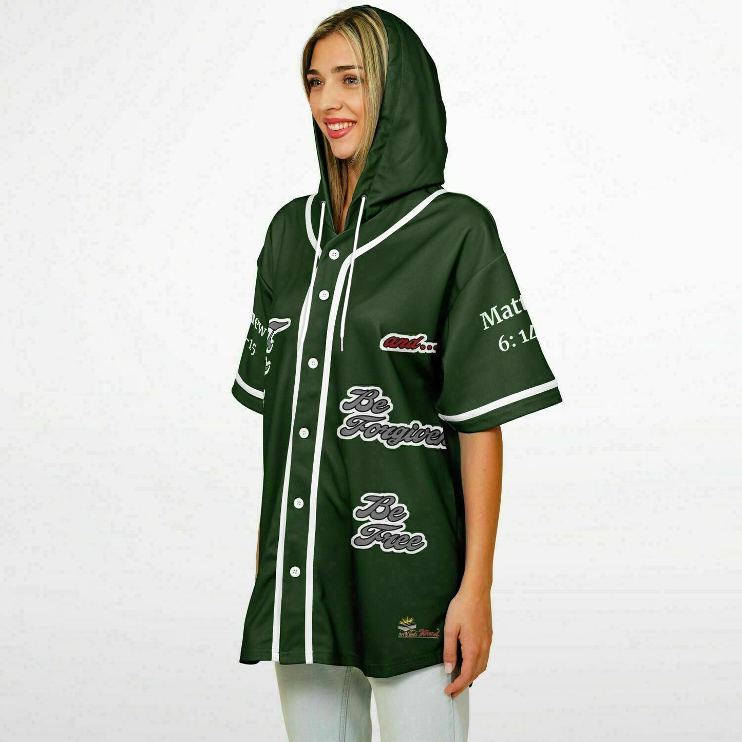 FORGIVE Green - Unisex Hooded Baseball Jersey, White Stripes